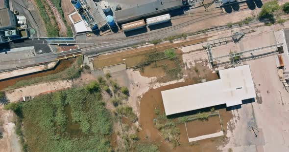 Aerial view chemical industry production building with tanks for the storage of materials