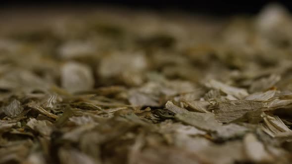 Rotating shot of barley and other beer brewing ingredients