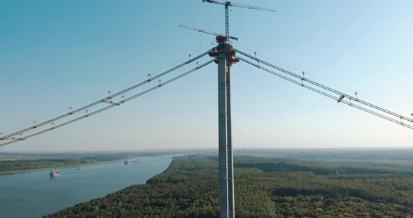 Main Tower And Cable Of Braila Bridge With A View Of Danube River In Romania