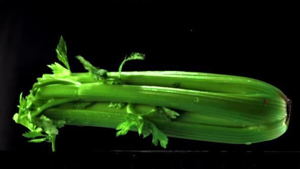 The Super Slow Motion of the Celery Falls with Splashes in the Water