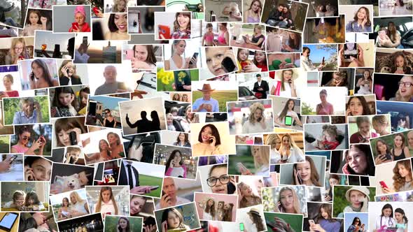 Video collage of smiling people, various images in the form of a large video wall of TV