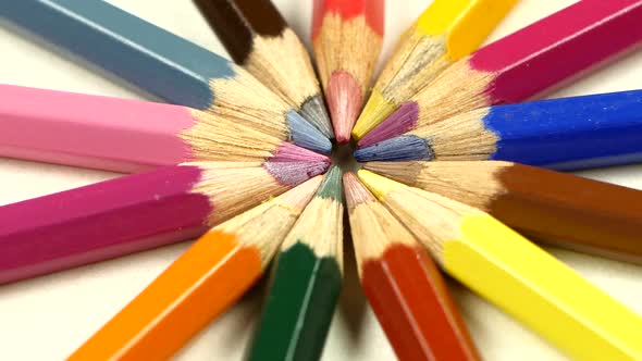 Bunch of Colored Pencils on White, Rotation, Macro, Close Up