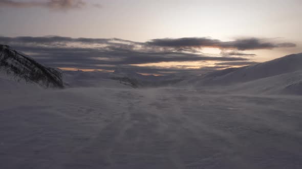 High wind, blizzard, snowstorm on Kvaloya island, Arctic, Norway