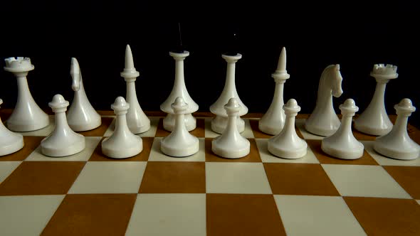 Chess on a chessboard. Shooting on a black background.