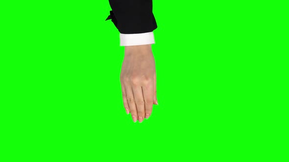 Female Hand in Black Jacket and White Shirt Is Performing 5x Pinch at Tablet Screen Gesture. Chroma