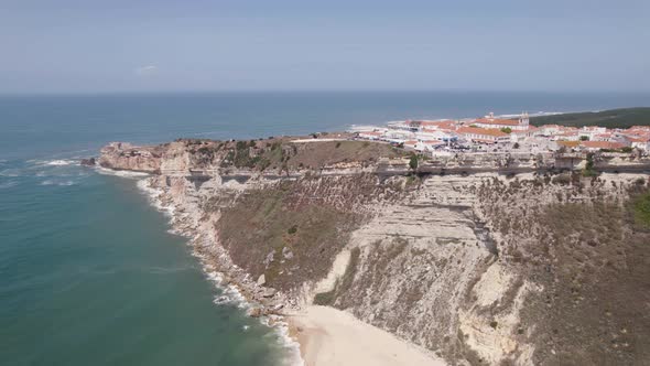 Aerial panoramic view of Nazarè coastline. Surfer's paradise. Portugal.