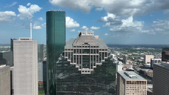 American skyscraper towers on sunny day in USA. Office buildings and downtown urban city district.