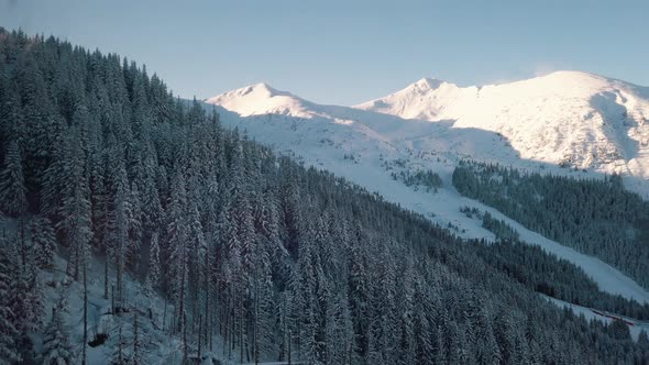 Aerial Footage Of Woods  SnowCapped Mountains With Peaks Touching Clear Blue Sky