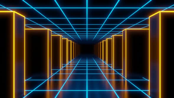 Abstract Retro Synthwave Blue and Orange Neon Tunnel with Data Servers 3d Render alt