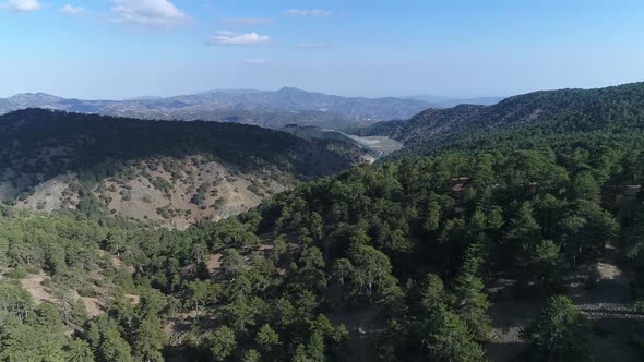 Aerial footage flying over the Troodos mountain range in Cyprus