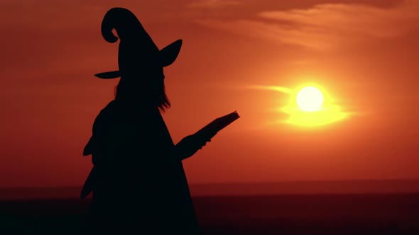 Girl in Fancy Dress and Hat Witch Holds Book Sunrise View