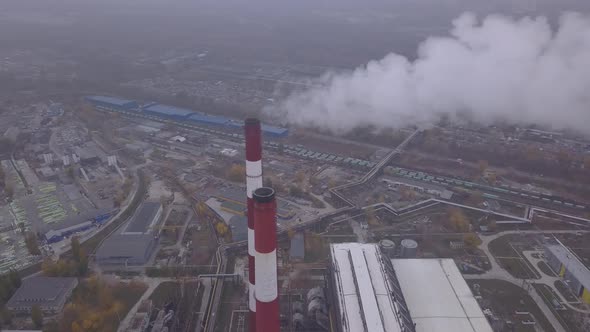 Smoke Comes From the Chimney. Aerial. Air Pollution. Ecology. Kyiv. Ukraine.