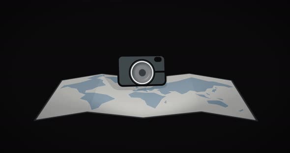 Camera icon on a foldable world map takes photos with flash. Black background.