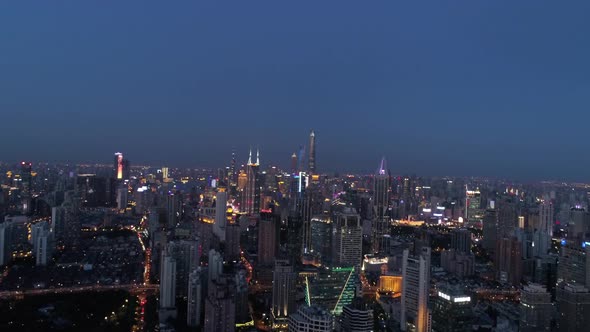 Aerial view of Shanghai downtown at night, China.