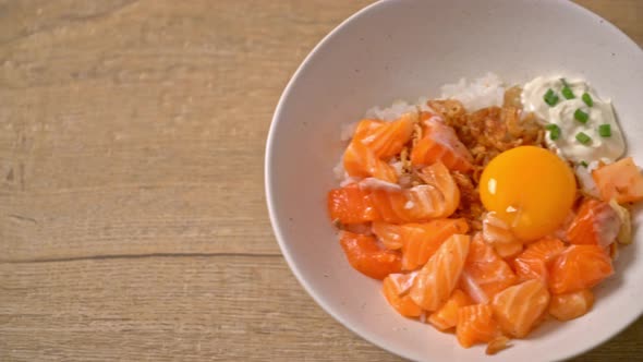 Japanese rice with fresh salmon raw and pickled egg - Asian food style