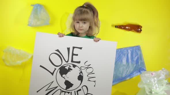 Girl Activist Holding Poster Love Your Mother Earth. Plastic Nature Pollution