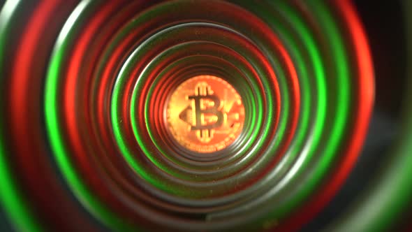 Gold Bitcoin in the End of Beautiful Tunnel with Red and Green Light, Camera Move Forward in Focus