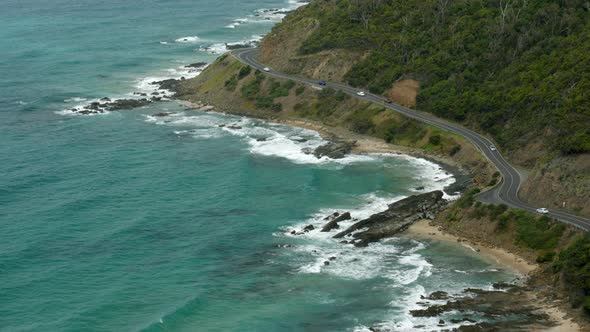 Looking down on the winding Great Ocean Road at Lorne's Teddy's lookout, Australia. Coastal views an
