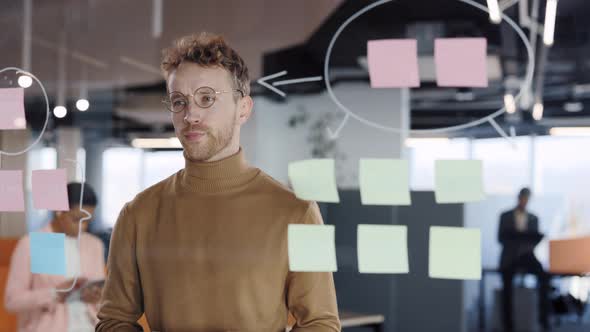 Young Business Man Brainstorming New Project Solving Strategy on Glass Board