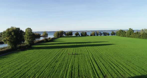 Aerial view of people riding a bike in a field, Lake Constance, Switzerland.