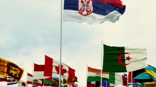 serbia Flag With World Globe Flags Morning Shot