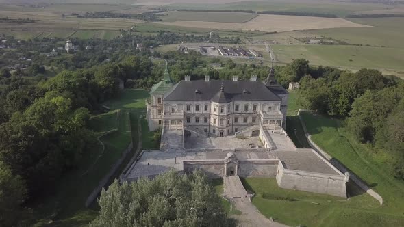 Aerial To Old Romantic Palace Castle Pidhirci in Ukraine