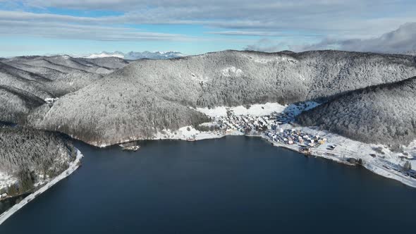 Aerial view of the Palcmanska Masa reservoir in the village of Dedinky in Slovakia