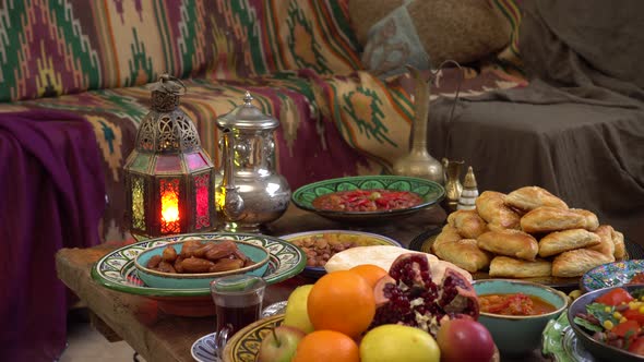 Arabic Cuisine: Middle Eastern traditional lunch on the table. Iftar food during month of Ramadan