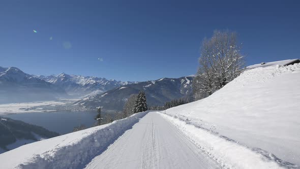 Mountain path covered with snow