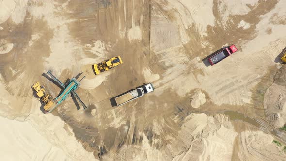 Sanding on automatic conveyor belt. Mining conveyor sand sorting . Aerial View