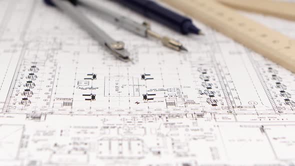 Sketch Builder Drafted with a Pencil, Ruler and Compass. Close Up