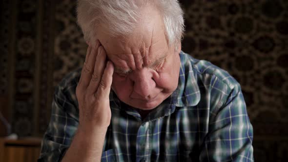 Headaches Migraine Elderly Lonely Sad Old Man Grabs His Head With Hands