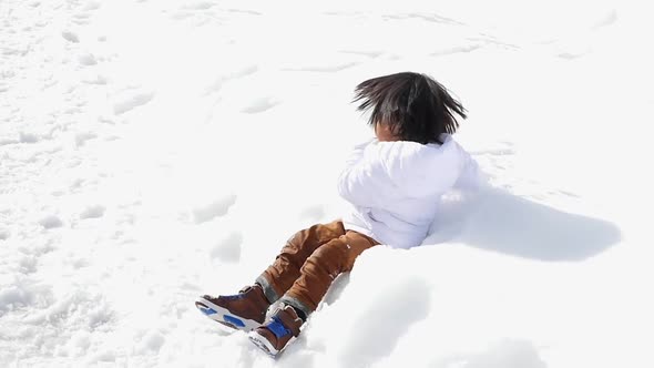 Cute Asian Child Playing Snow Outdoors Slow Motion