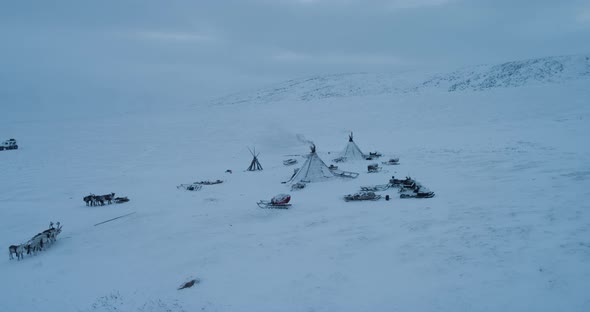 Yurts Camp in the Middle of Tundra in Siberia