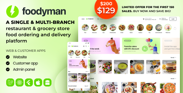 Foodyman - Single (Multi-Branch) Restaurant & Grocery Food Ordering & Delivery Platform