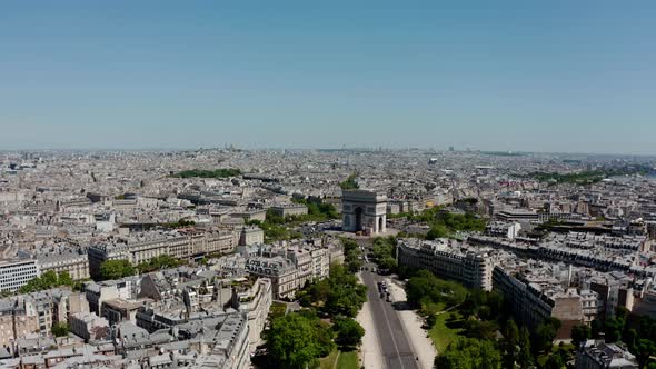 Drone Aerial View of Arc of Triumph Paris France