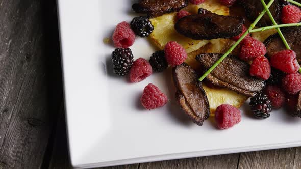 Rotating - smoked duck bacon with grilled pineapple, raspberries, blackberries and honey