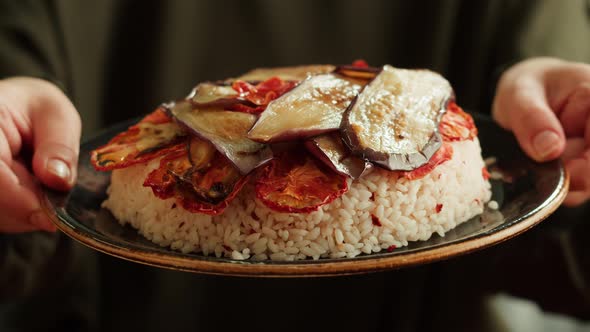 Maqluba Dish Closeup Rice and Vegetables Arabian National Traditional Food