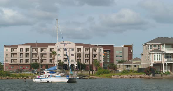 Aerial of affluent Lakefront homes in near Galveston, Texas