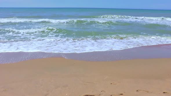 Sea Wave with Foam Runs on a Sandy Beach on a Sunny Summer Day