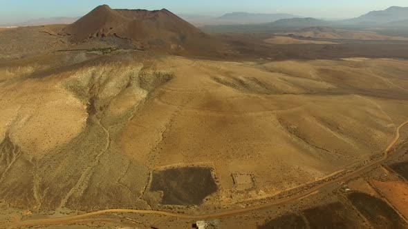 Aerial view of Caldera de Gairia Volcano and Aloe vera fields in Fuerteventura.