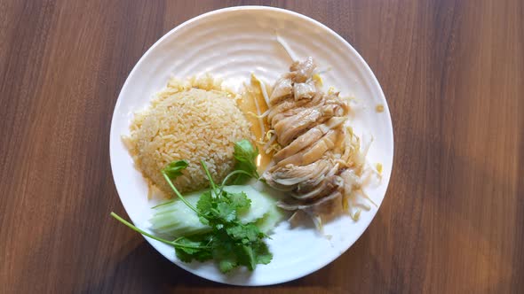 Traditional Thai Asian Food Hainanese Chicken Rice on a Food Court