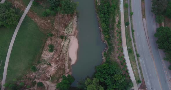 Aerial view of the Buffalo bayou that runs through the city of Houston