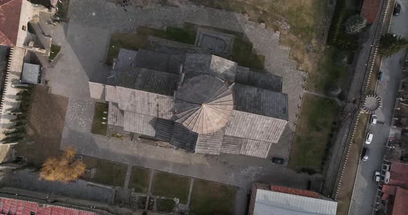 Aerial view of Orthodox Svetitskhoveli Cathedral in Mtskheta, Georgia