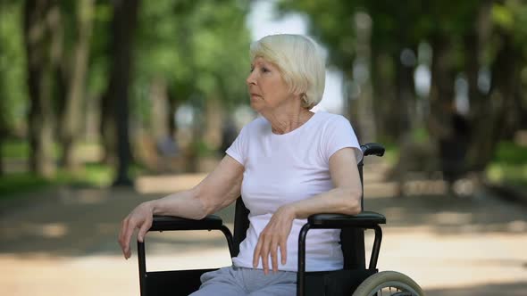 Depressed Elderly Female Sitting in Wheelchair at Rehabilitation Center Park