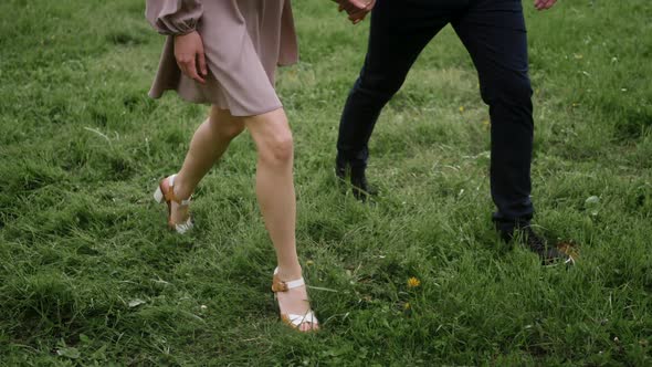 Man with a Woman Blonde in a Dress Walk on a Green Field in Nature in Summer