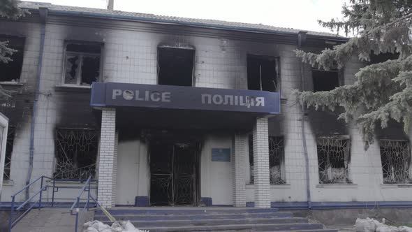 War in Ukraine  the Destroyed and Burned Police Station