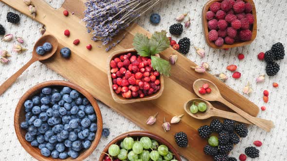 Top View Of Mix Berries On Table. Healthy Vegan Diet.