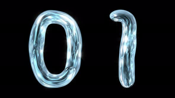 The water alphabet. Liquid digits 0 1 appear, fluctuate for 12 seconds, and disappear.