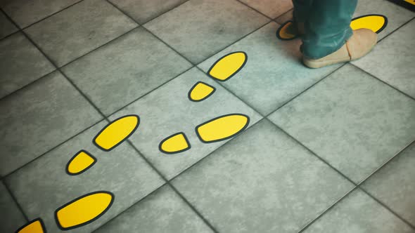 Social distancing floor signs during the coronavirus pandemic.Yellow visual cues